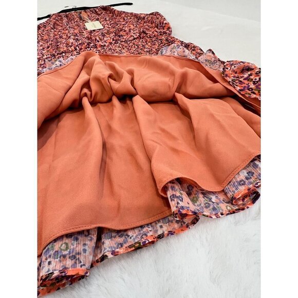 New RAMY BROOK Size M Preston Mini Dress Coral Combo Smocked Waist, Ruffle Hem - Picture 9 of 14